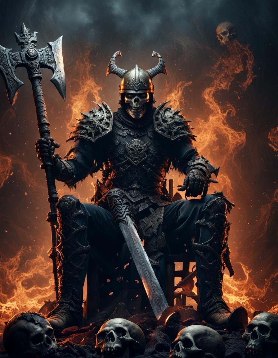 Agonized Fantasy Warrior on Throne of Skulls