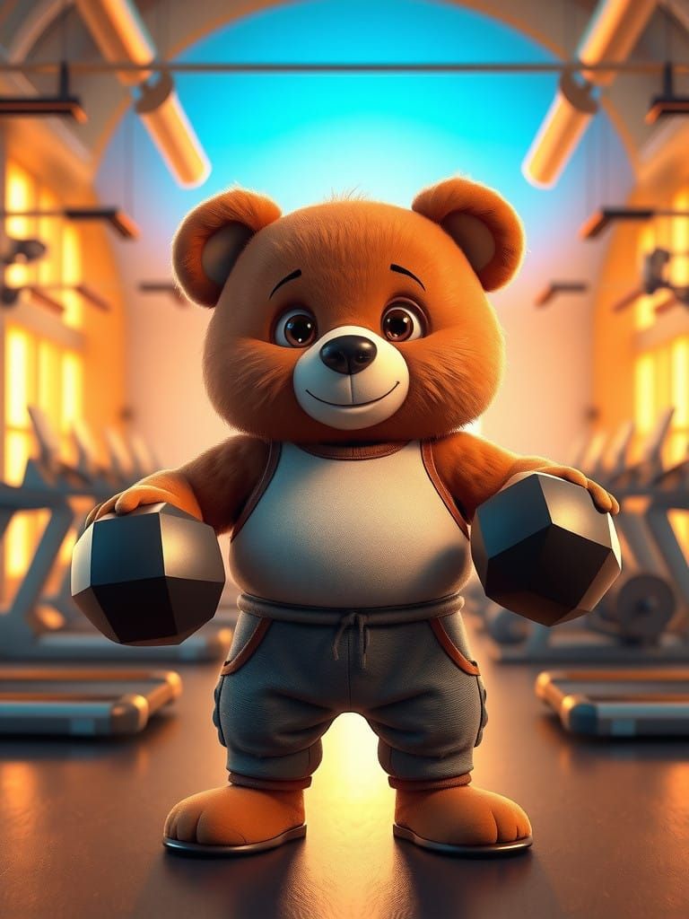 Teddy Bear Lifter in Vibrant Gym Scene