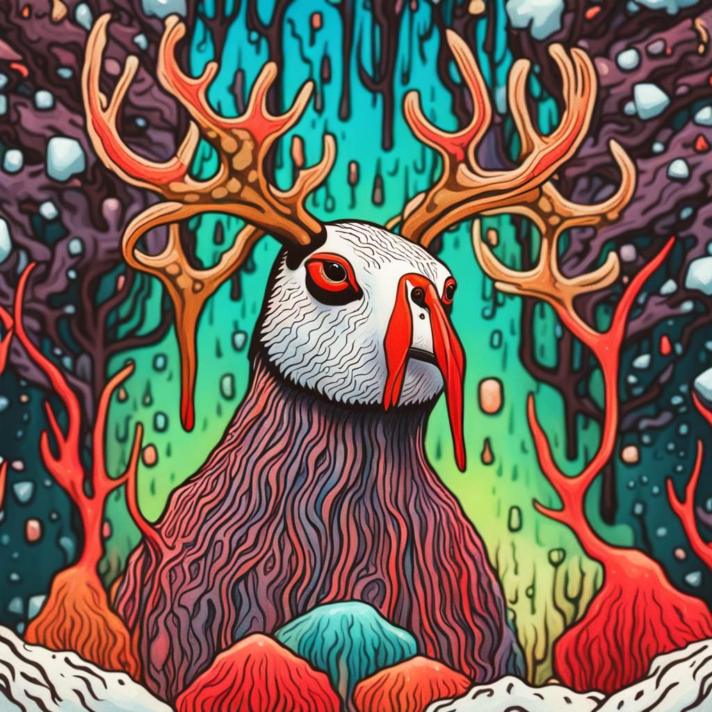 Psychedelic Puffin Bird in Snowstorm, Surrealist Style