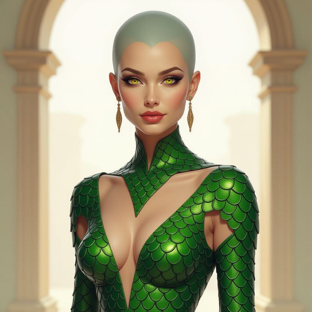 Photorealistic Reptilian Woman With Yellow Eyes and Green Sc...