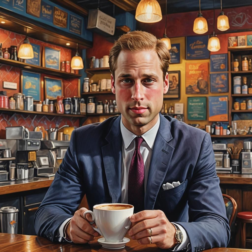 Prince William in Coffee Shop: Hyperrealistic Splash Art