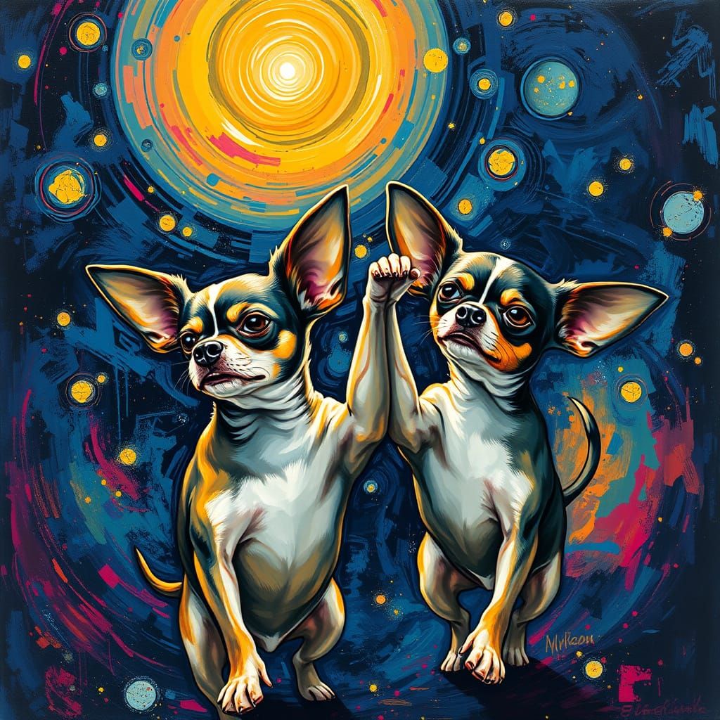 Chihuahuas Dance Under Starry Skies in Vibrant Impressionist...