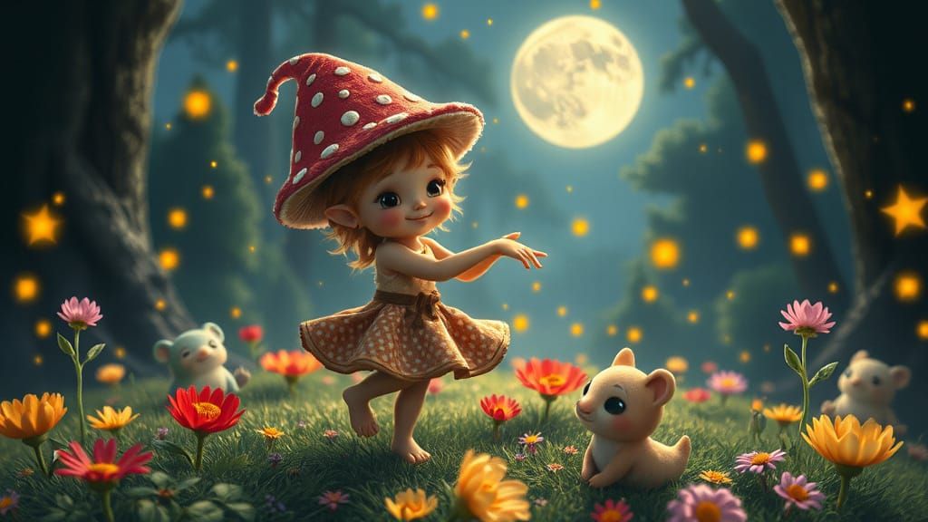 Mushroom fairy dancing in the moonlight