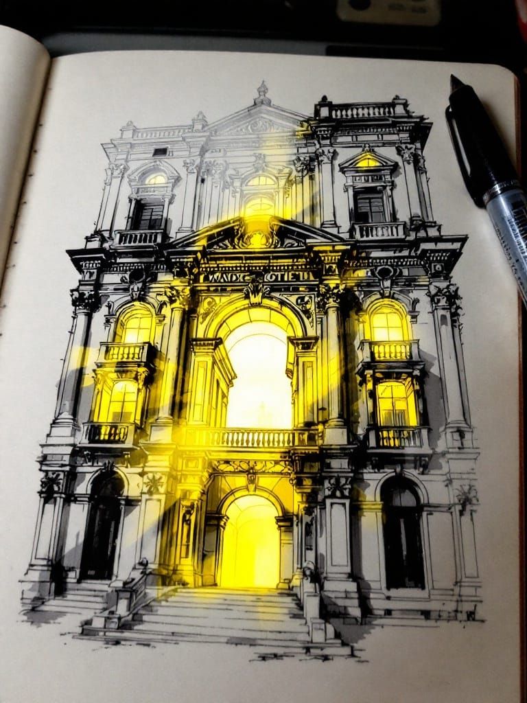 Ornate Historic Building Ink Drawing