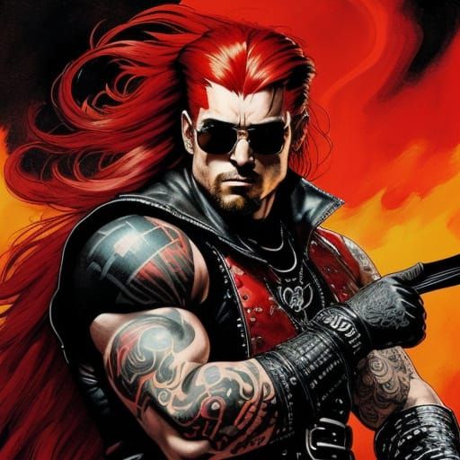 Muscled Warrior in Red Leather Outfit