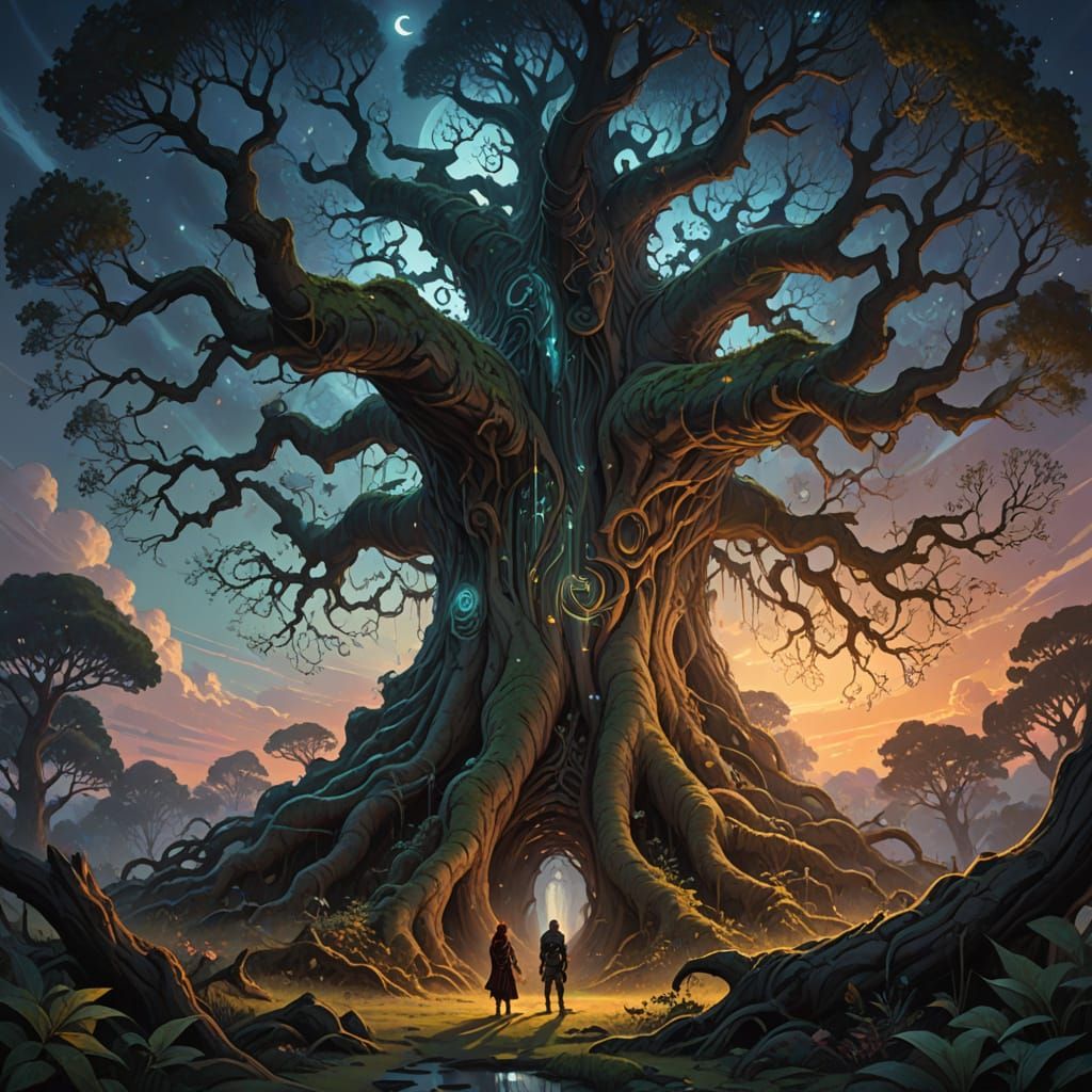 Colossal Ancient Tree in Twilight Sky