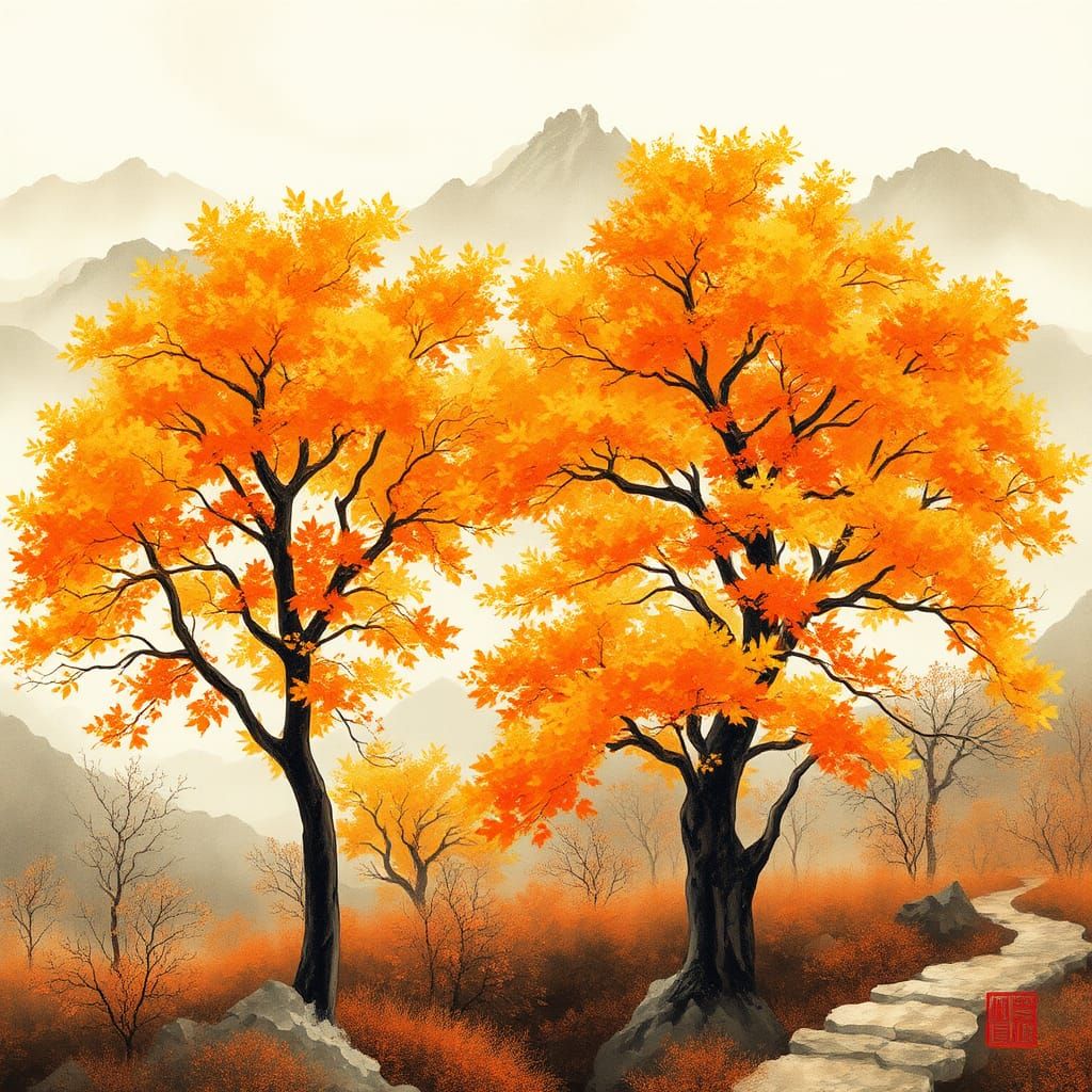 Autumn Landscape in Traditional Chinese Painting Style