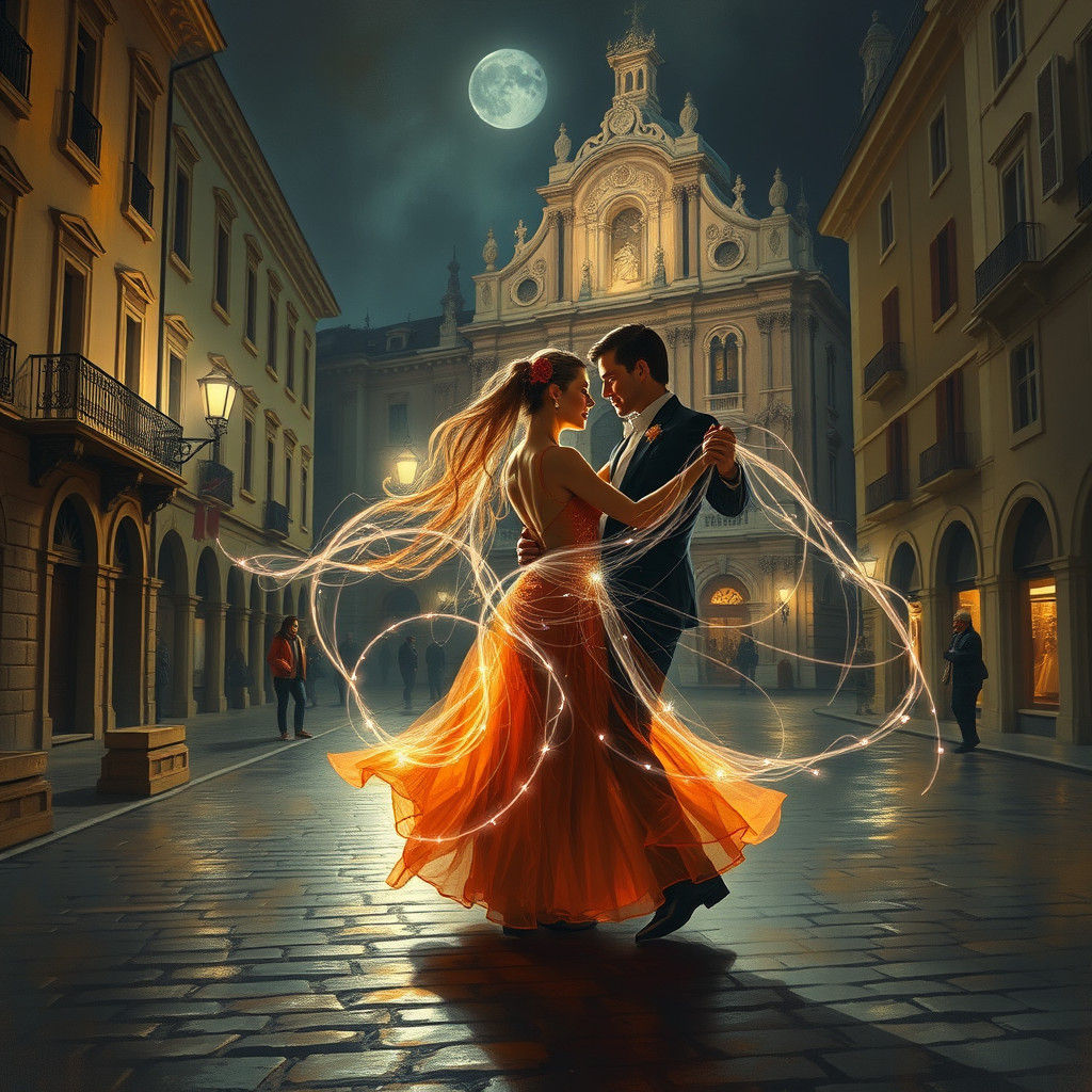 Ethereal Light Dancers Tango in Ancient Town Square