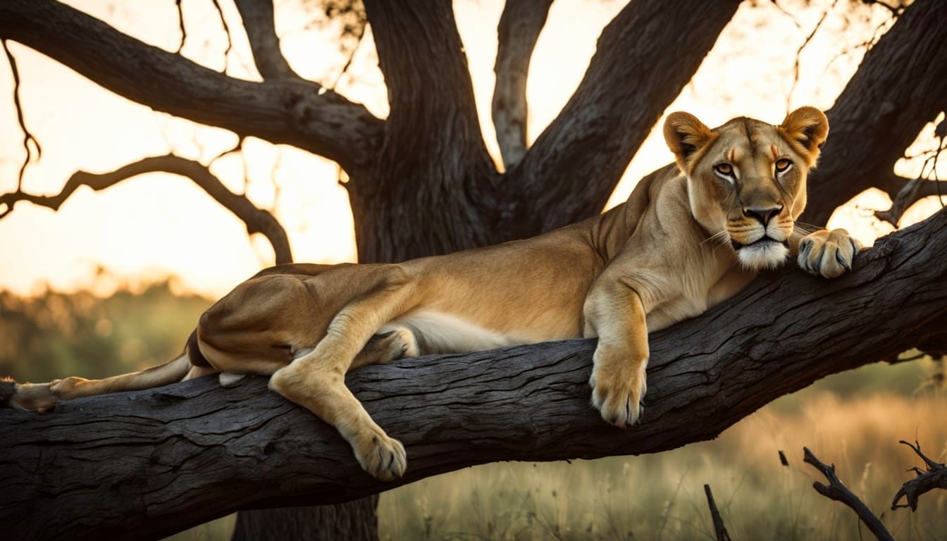 Lioness Sleeping Peacefully in Savannah Tree