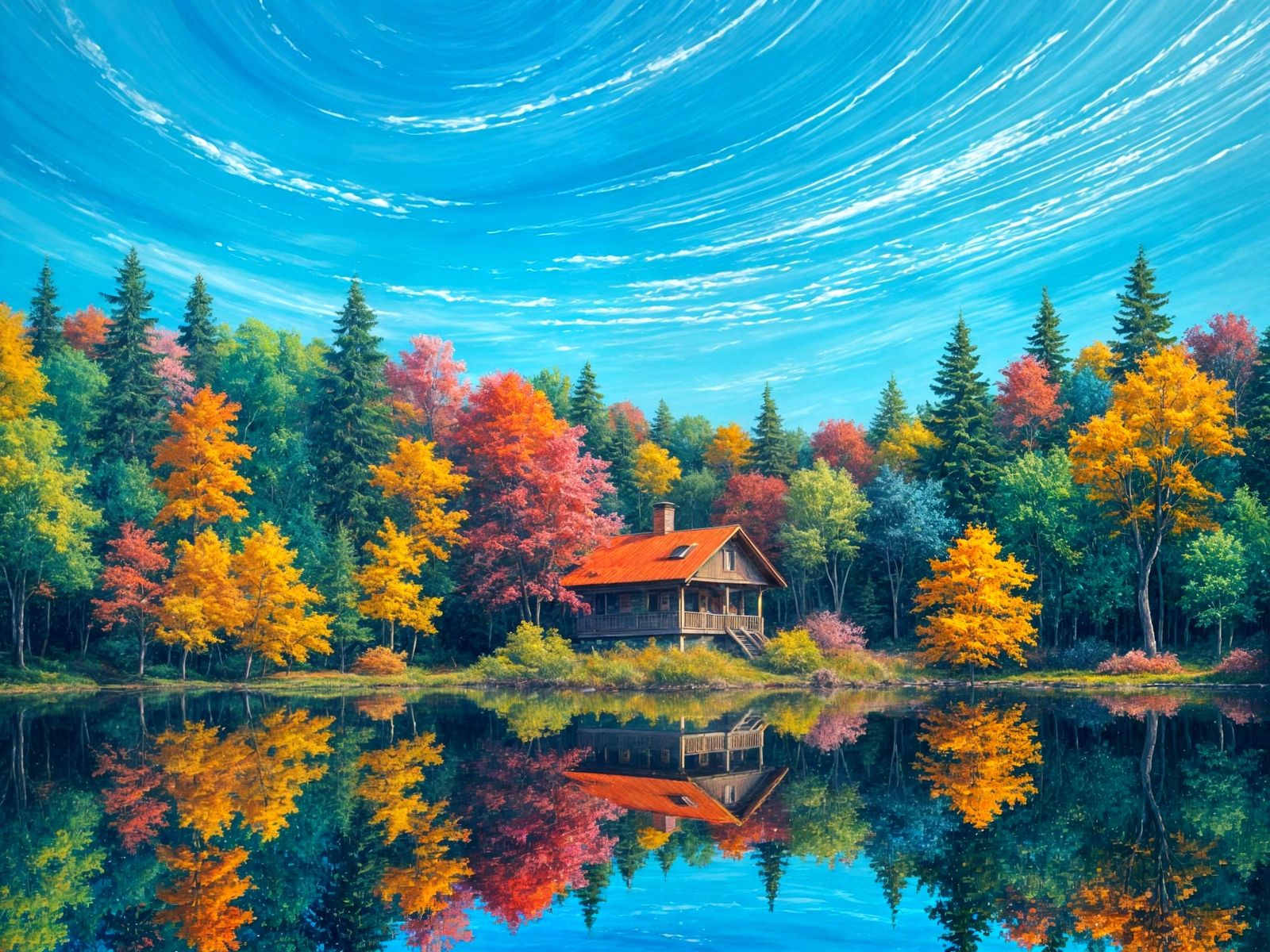 Vibrant Lakeside Forest in Impressionist Style