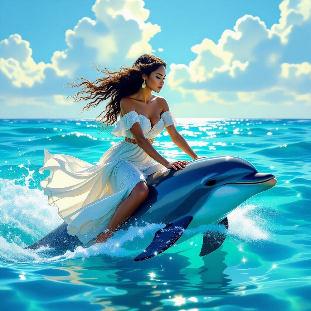 Tahitian Woman Rides Dolphin in Magical Realism Style