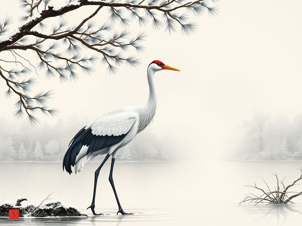 Crane on Lake in Winter: Chinese Ink-Wash Painting