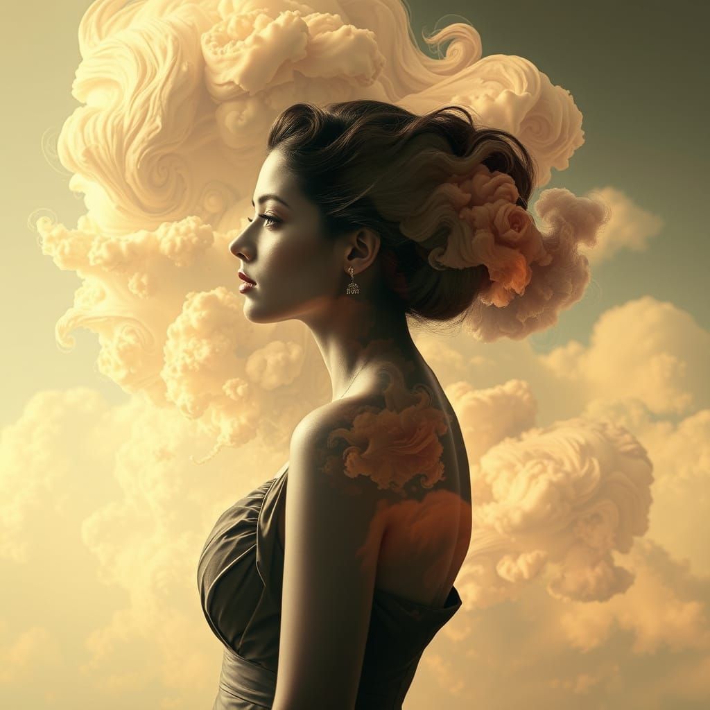 Woman in Profile with Fractal Cloud Double Exposure