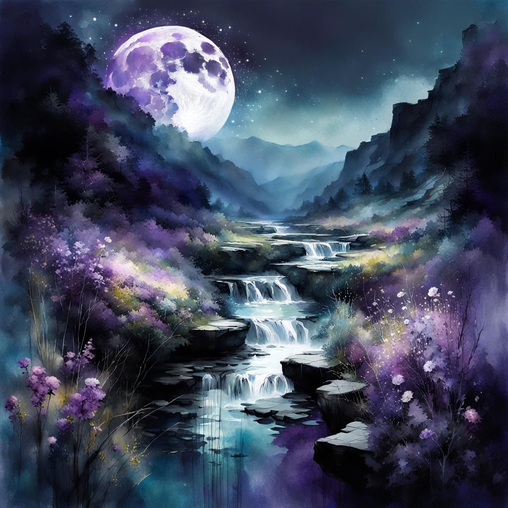 Lush Moonlit Landscape in Watercolor Style