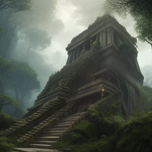 Jungle Lizard Temple with Stone Stairs, Fantasy Art