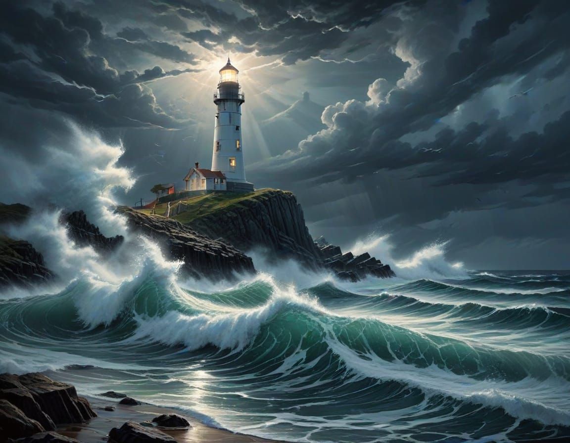 Stormy Seascape with Lighthouse in Traditional Oil Painting ...