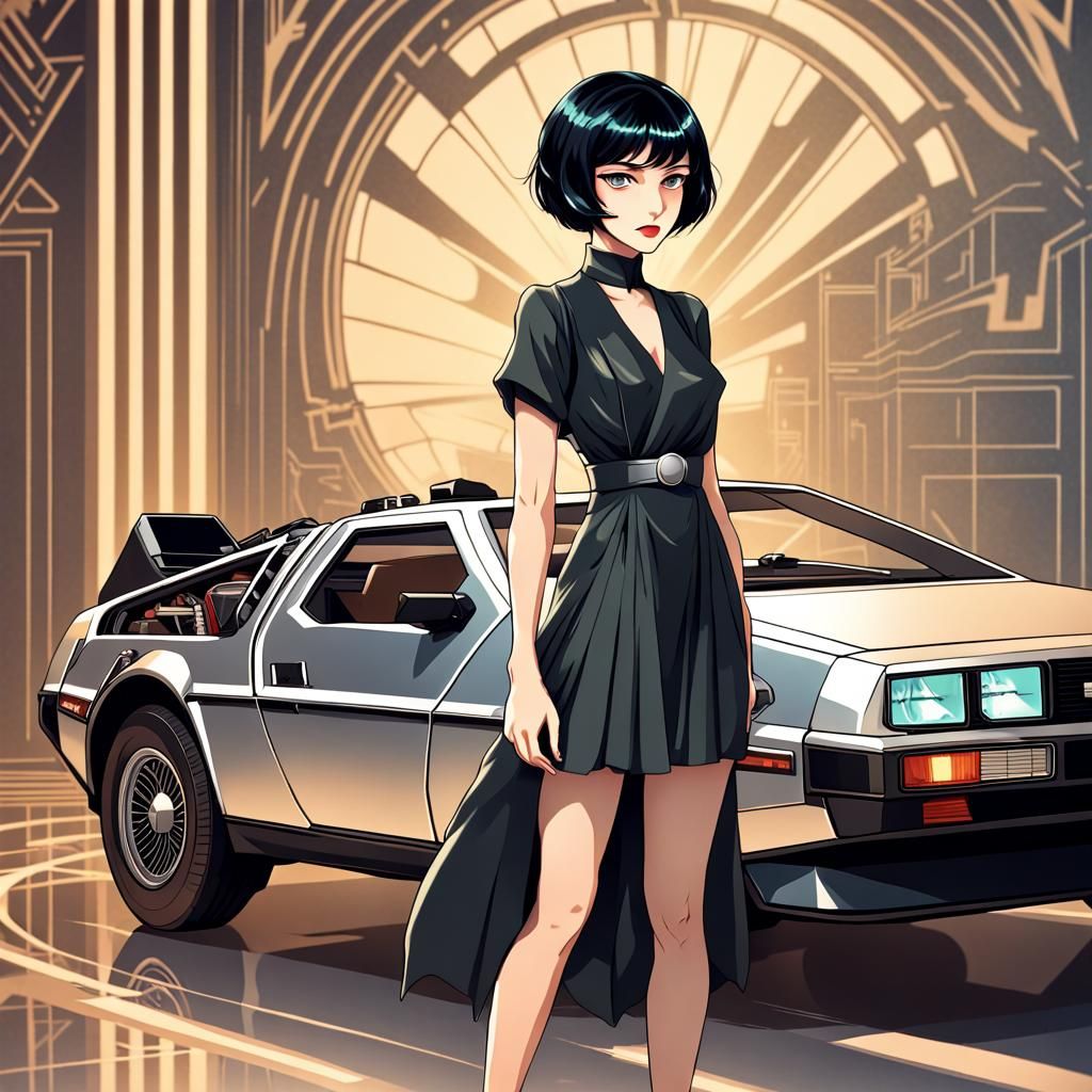Anime Woman and Delorean in Art Deco Style