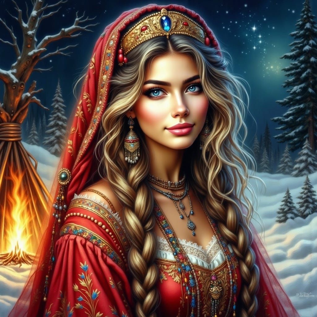 Regal Russian Tsarina Under Starry Tundra Night