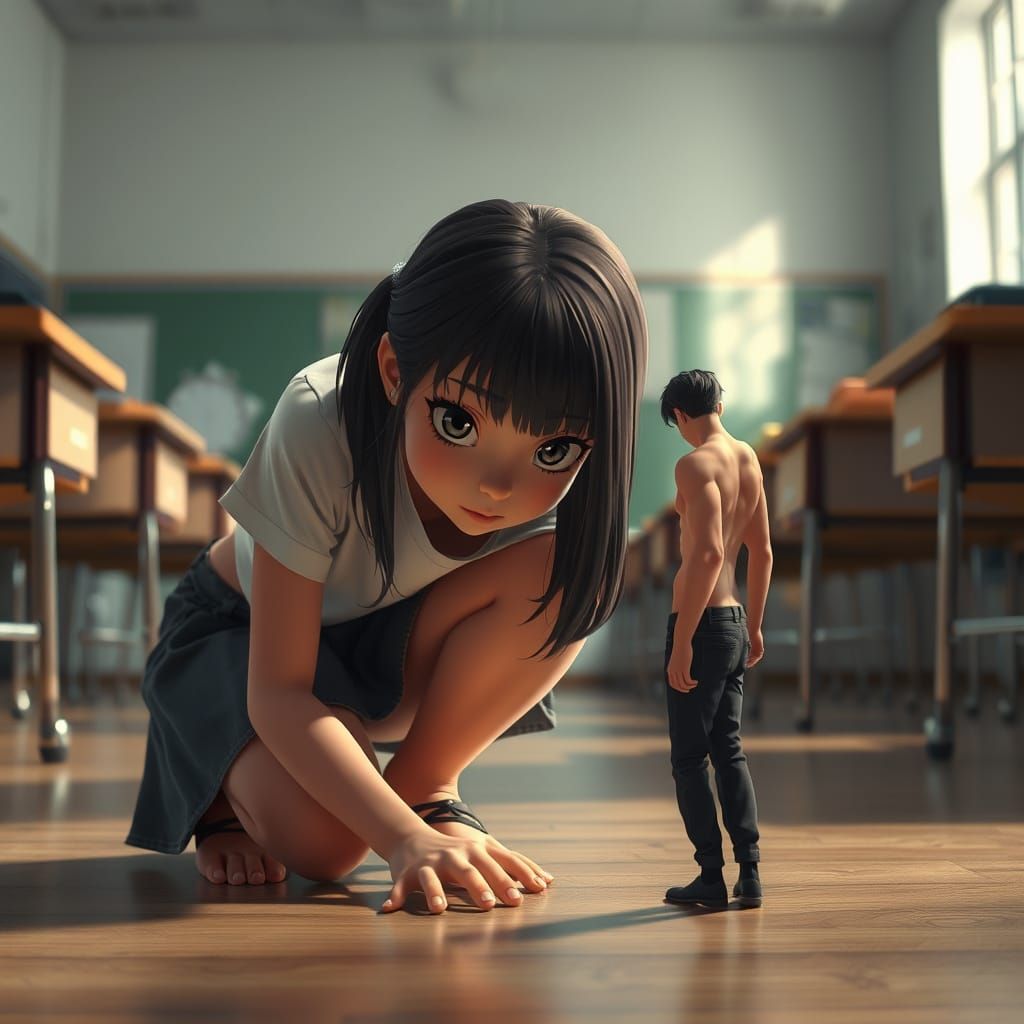 Giant Girl and Tiny Man in 3D Anime Style