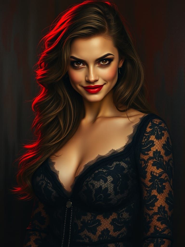 Mysterious Woman in Red and Black Oil Painting