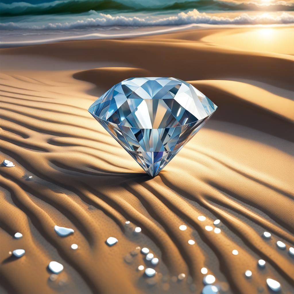 hyperrealistic image of a diamond on the sand, washed away by the sea, textured, exaggerated, hyperreal, shiny dynamic l...
