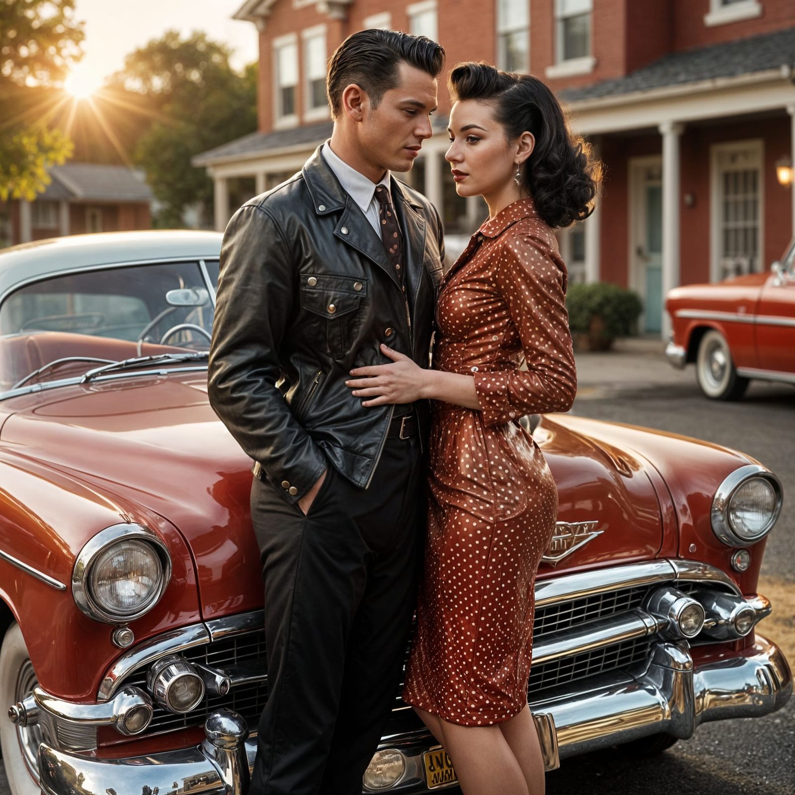 Vintage Rockabilly Couple Pose with Classic Car in Golden Ho...