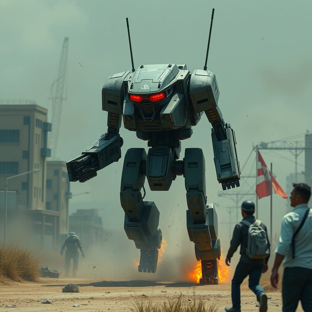 Military Robot Pursuing Innocent Civilians in a Desolate Lan...