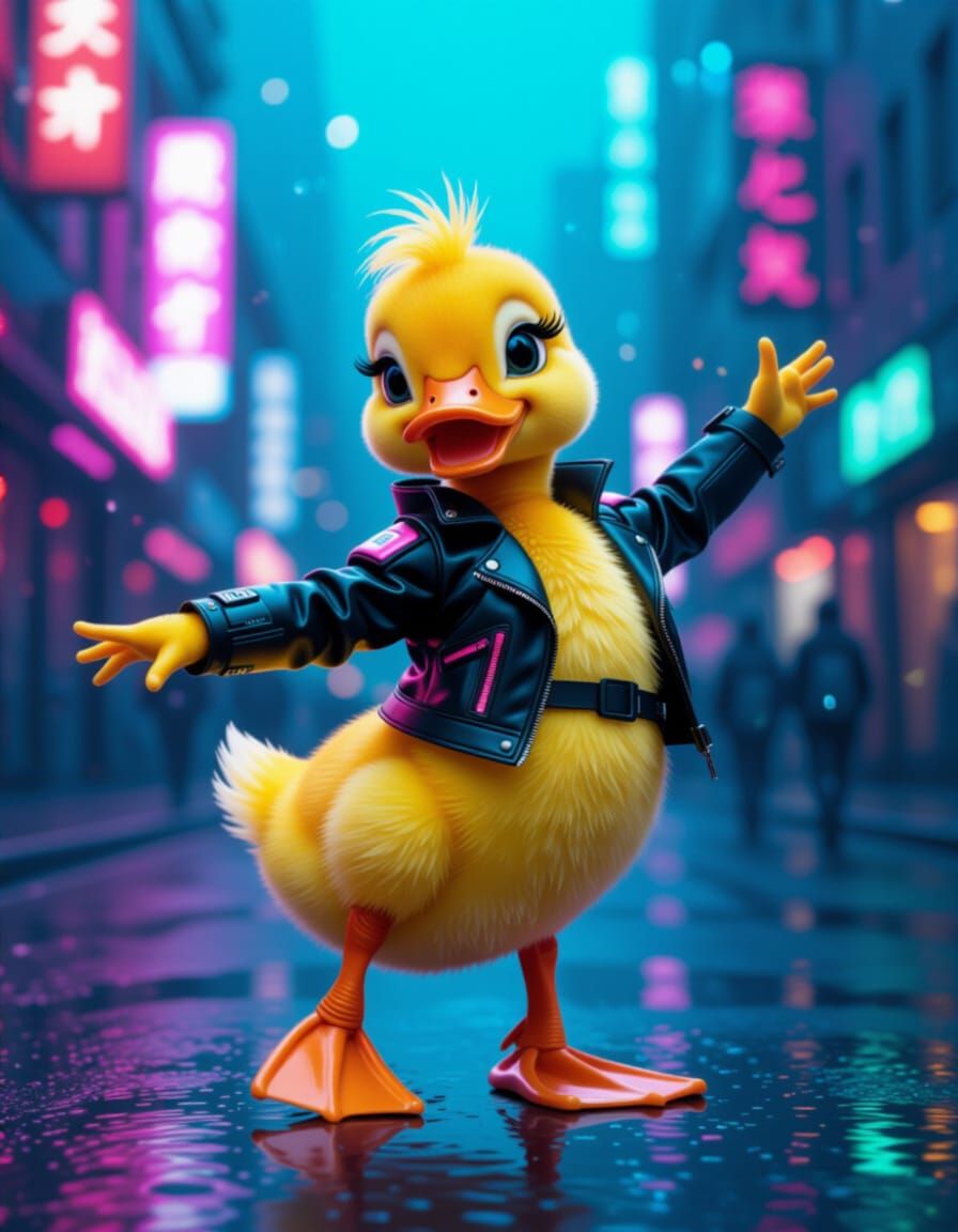 Cyberpunk Duckling Dancing in Neon Cityscape
