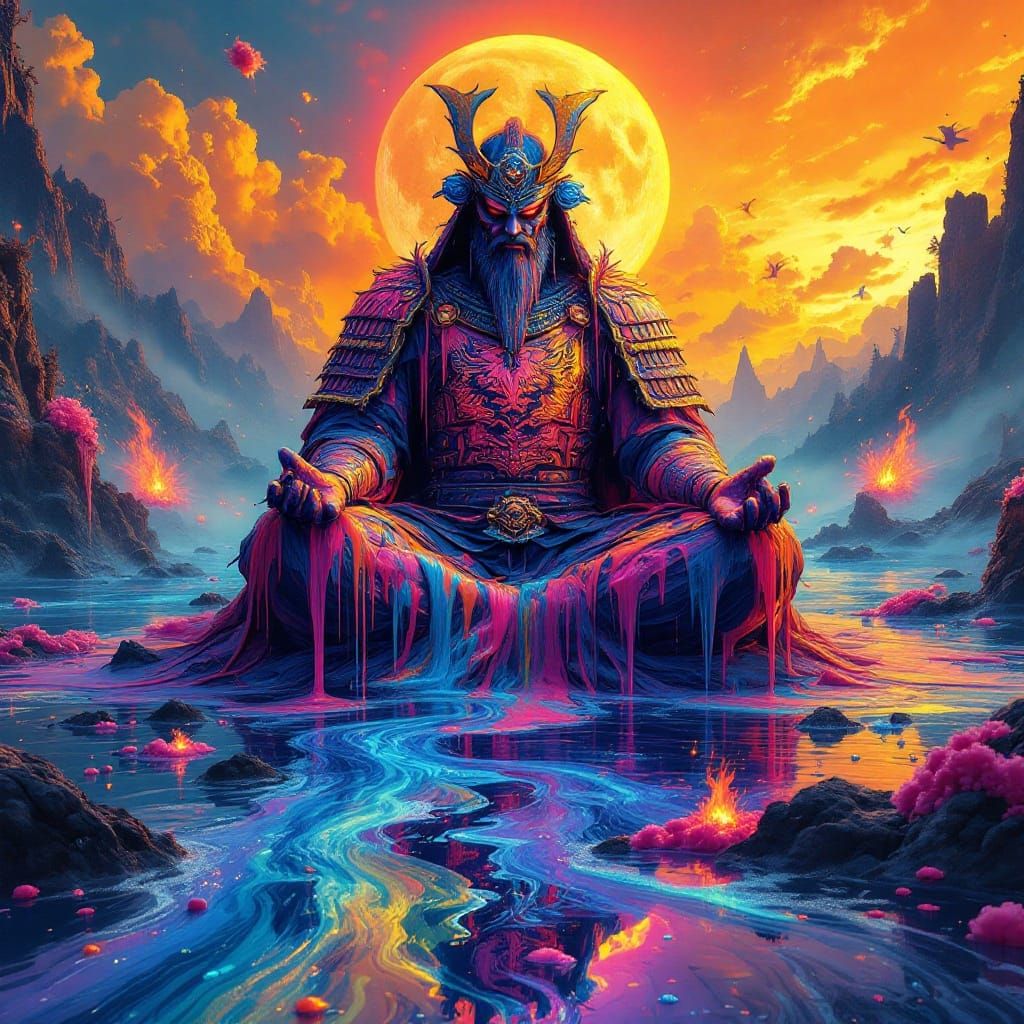 Neon Samurai Meditates in Melting Wax River