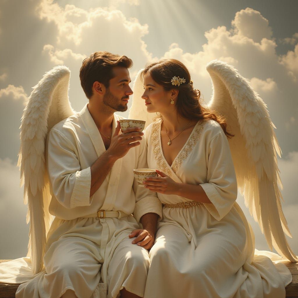 Angel Couple Sipping Coffee in Heaven