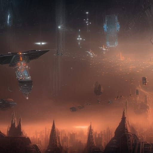 Starships Over City at Night: Detailed Matte Painting