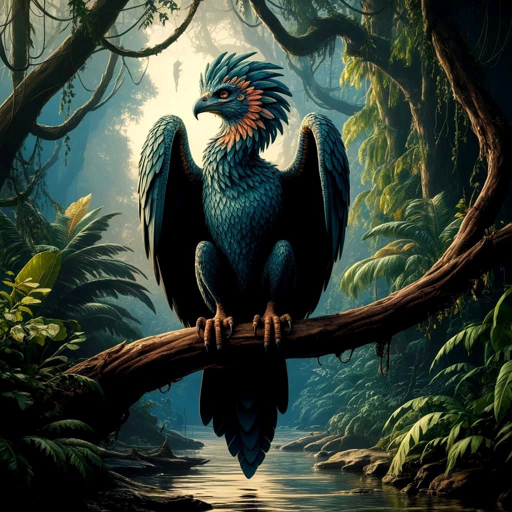 Majestic Feathered Harpy Woman Perched in Jungle