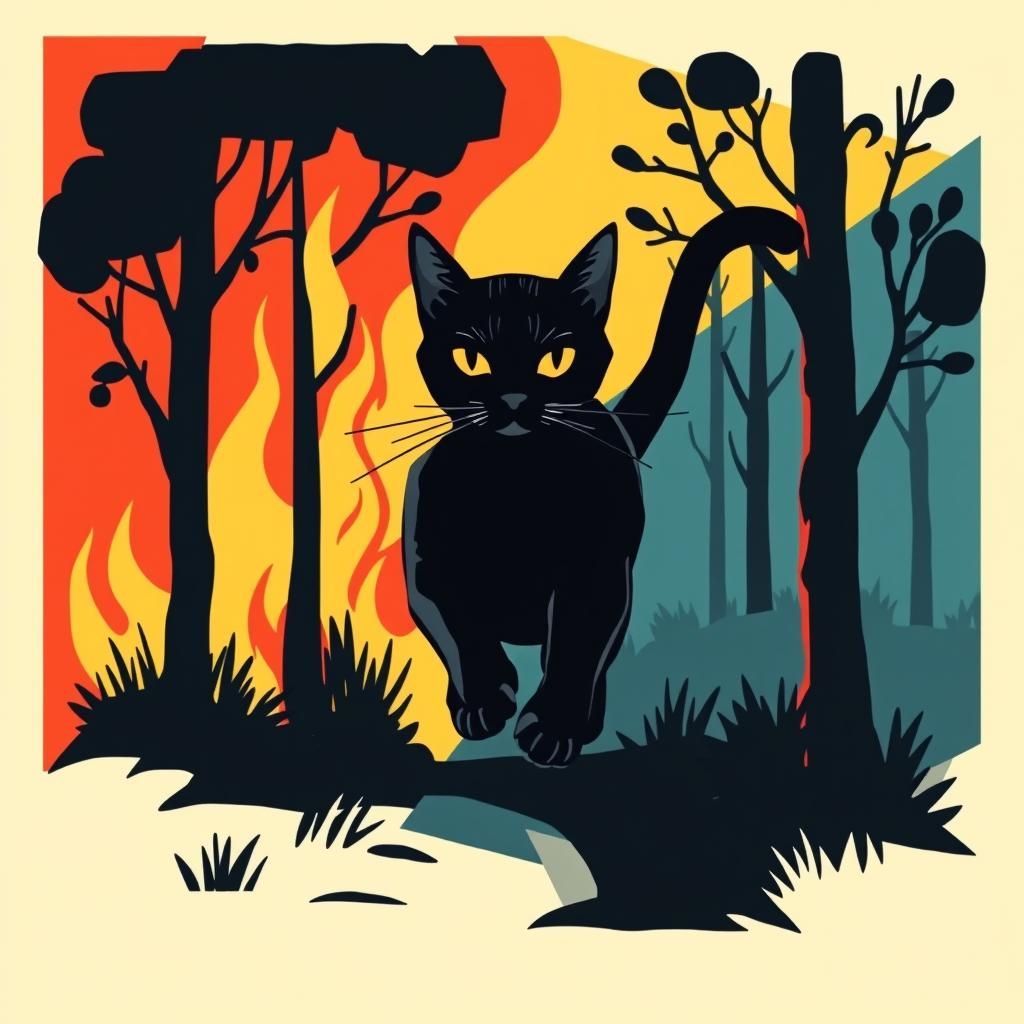 Black Cat Escaping Forest Fire in Bauhaus Style