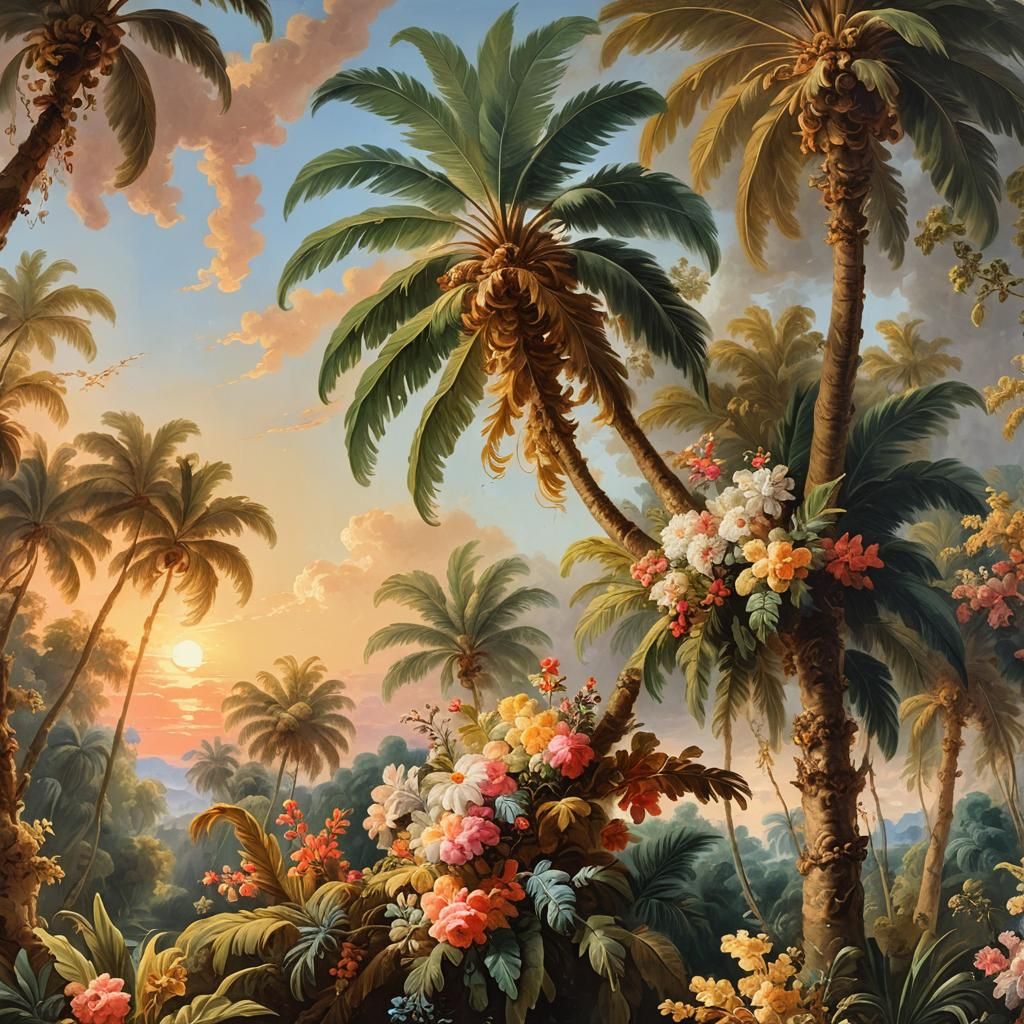 Polynesian Sunset in Rococo Oil Painting Style