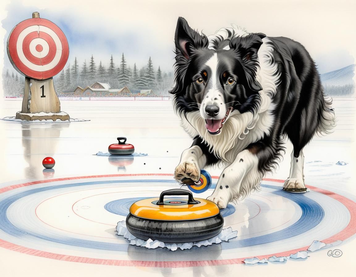 Border Collie Sheepdog in Olympic Curling Illustration