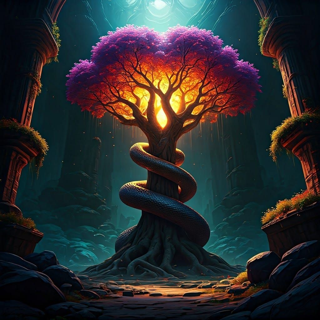 Mystical Serpent and Glowing Tree in Fantasy Realm