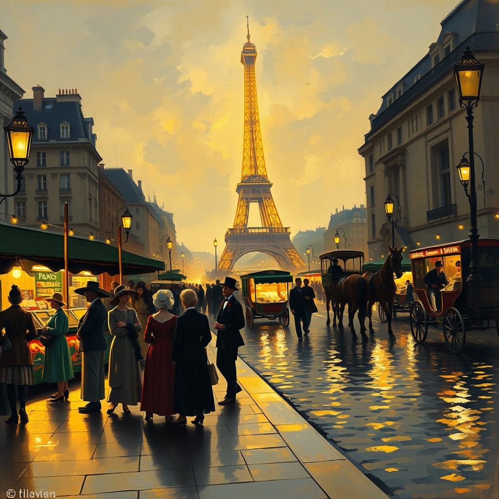 Impressionist Parisian Night Market Scene with Eiffel Tower