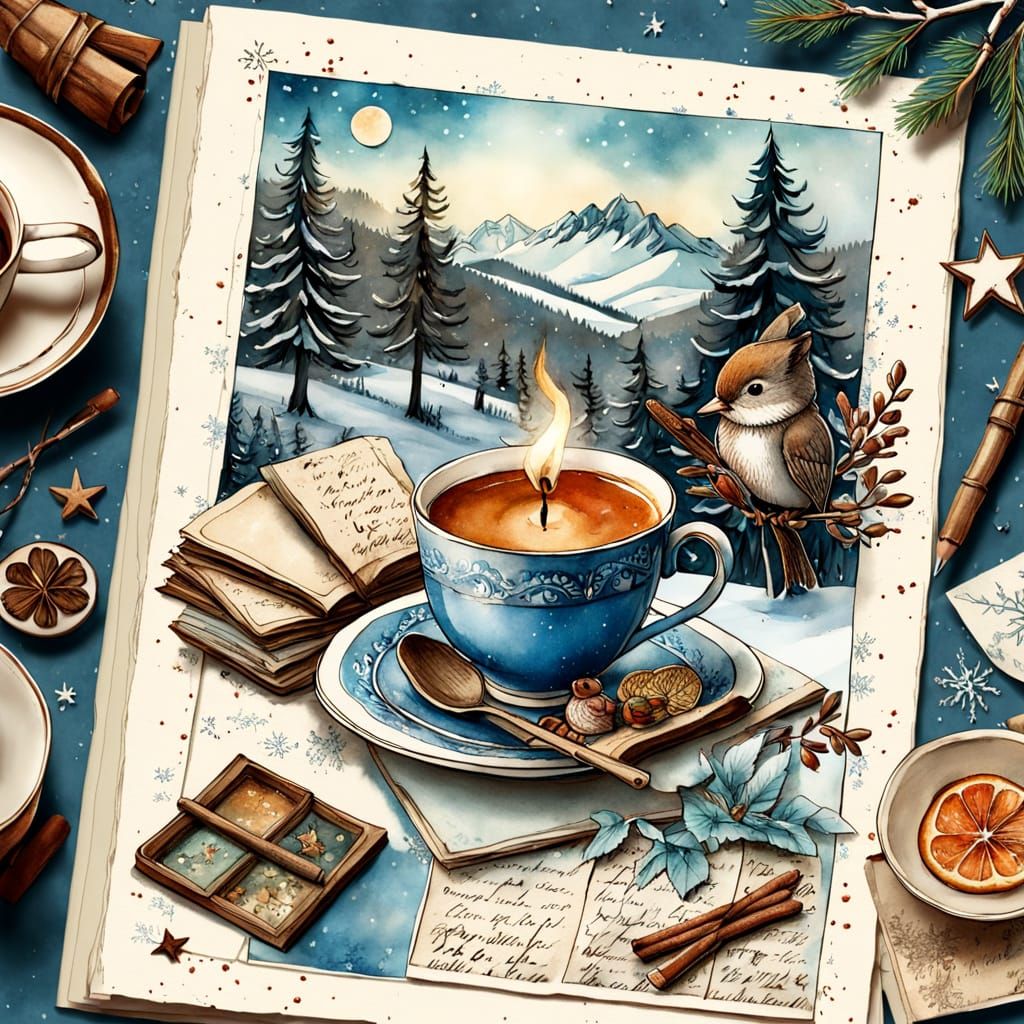 Whimsical Winter Scene in Mixed Media Style