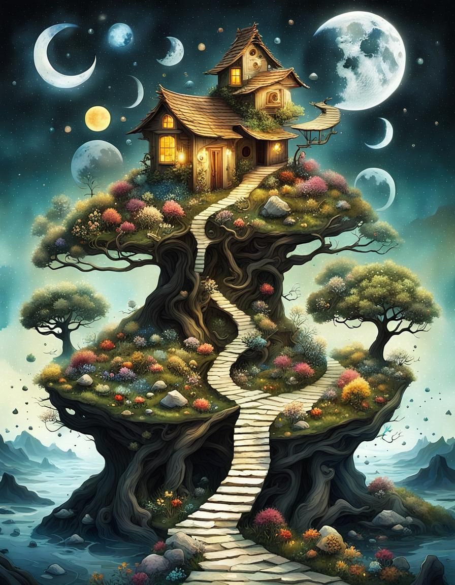 Surreal Bonsai Treehouse in Cosmic Landscape