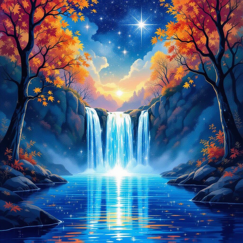 Surreal Starlight Waterfall Under Alien Night Sky