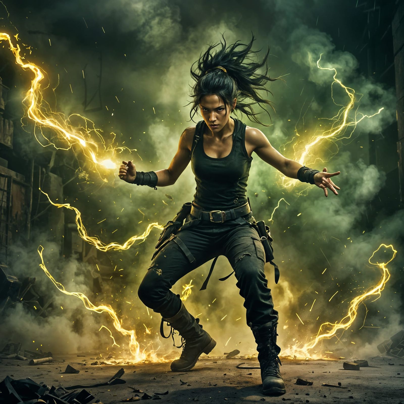 Young Woman in Fighting Stance with Lightning