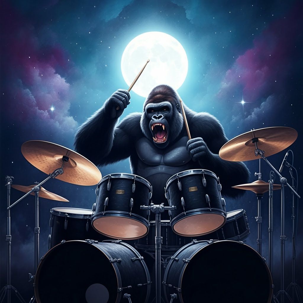 Gorilla Drummer Under Full Moon in Dark Fantasy Style
