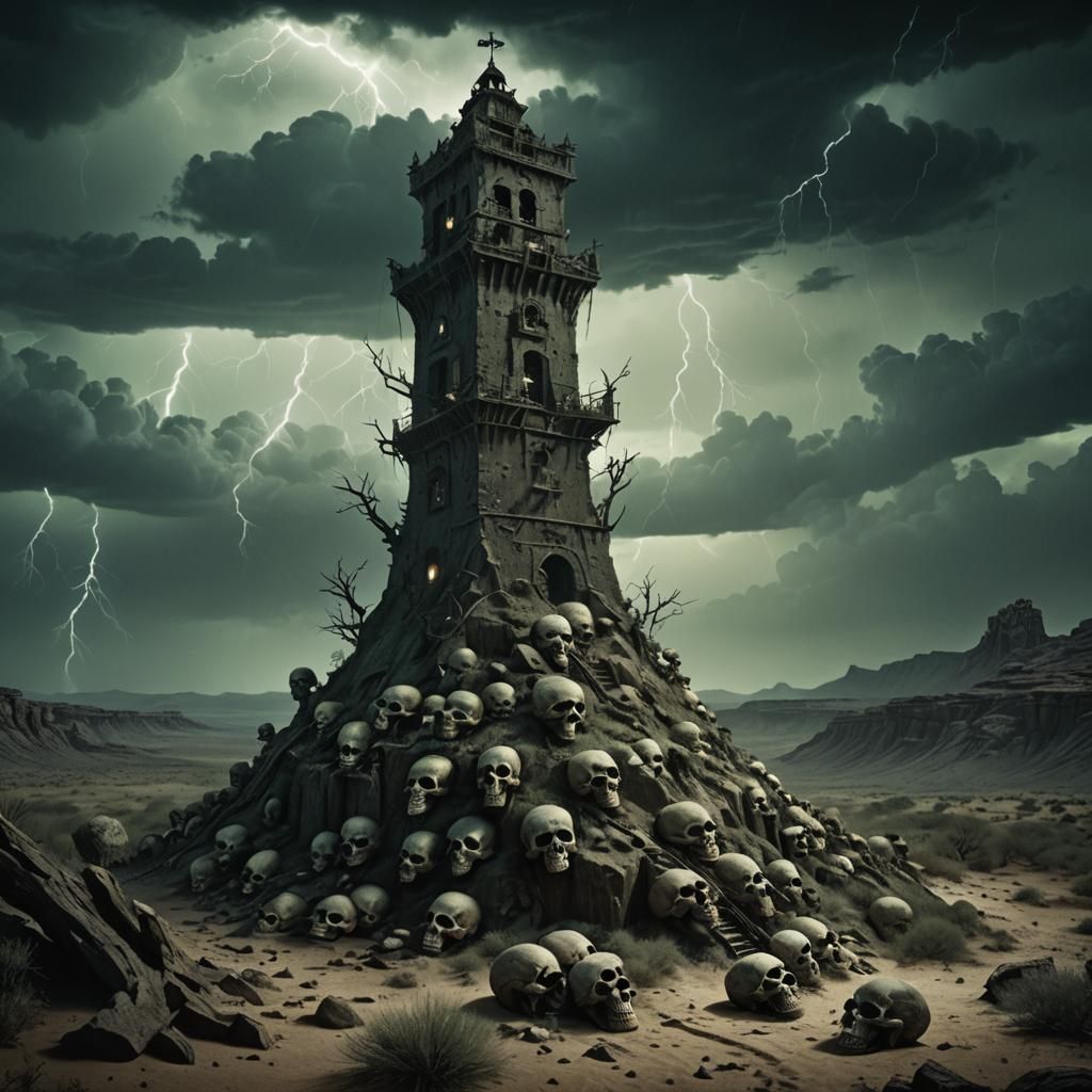 Eerie Skull Tower on Desert Island in Dark Fantasy Style