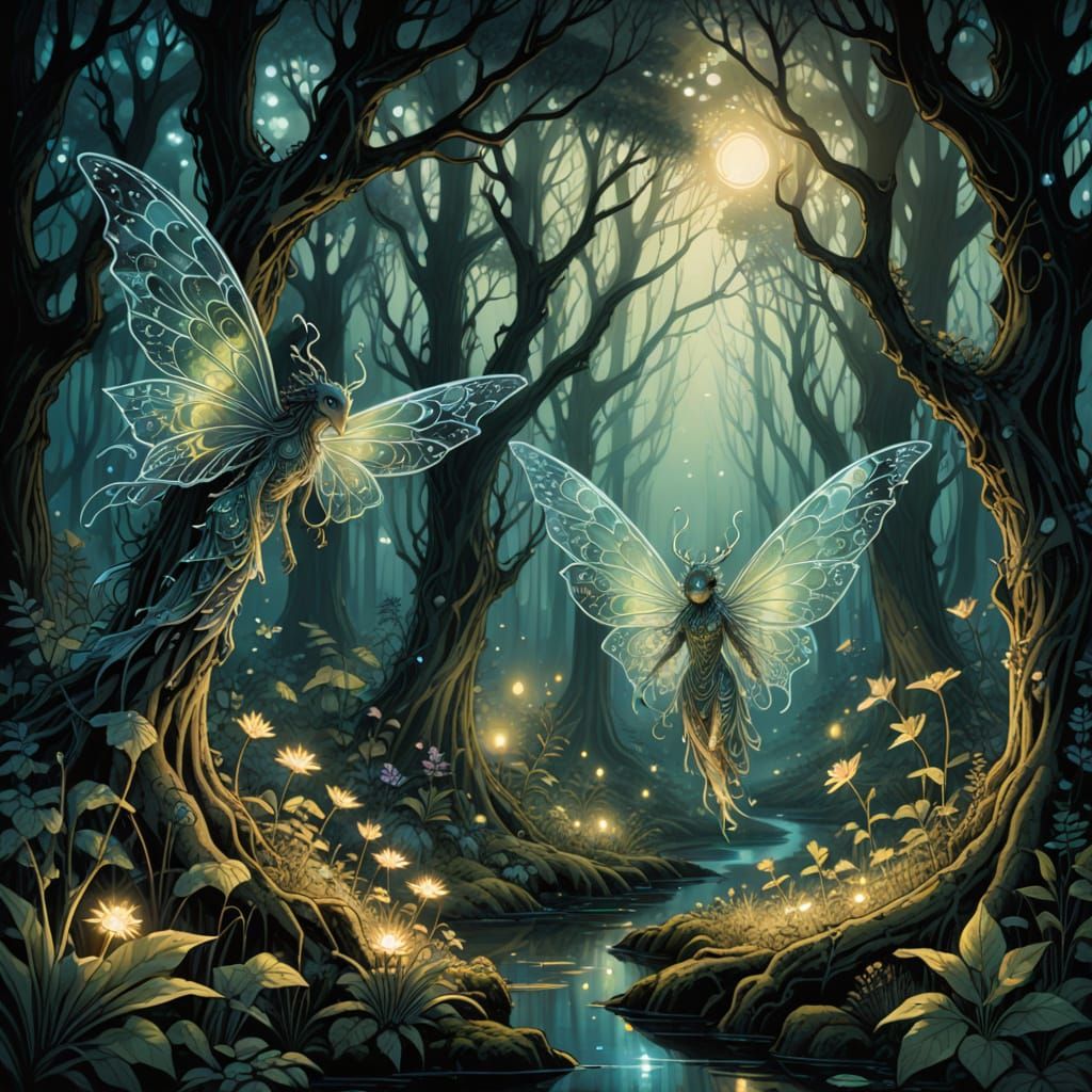 Mystical Forest with Glowing Flora and Fauna