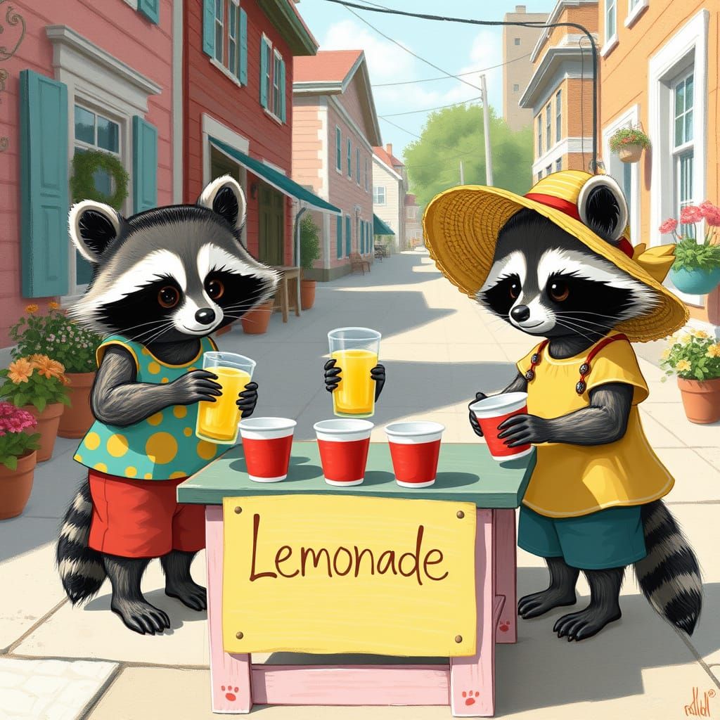 Raccoon Kids' Lemonade Stand, Whimsical Illustration