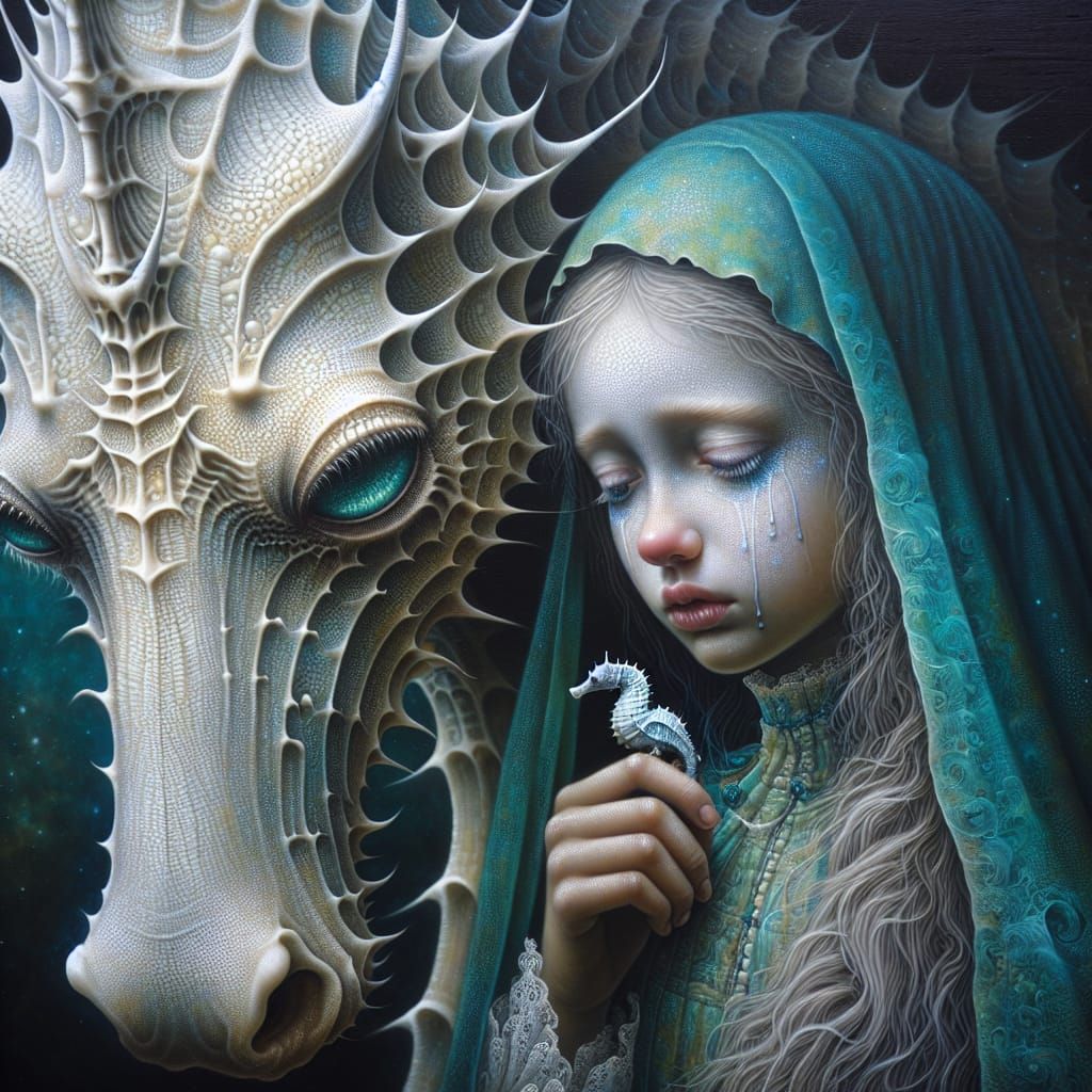 Fantasy Scene: Girl and Seahorse in Oil Painting Style