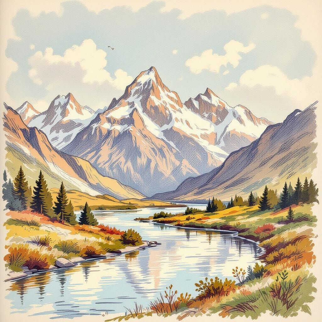 Pencil Sketch of Mountain Range and River in Whimsical Style