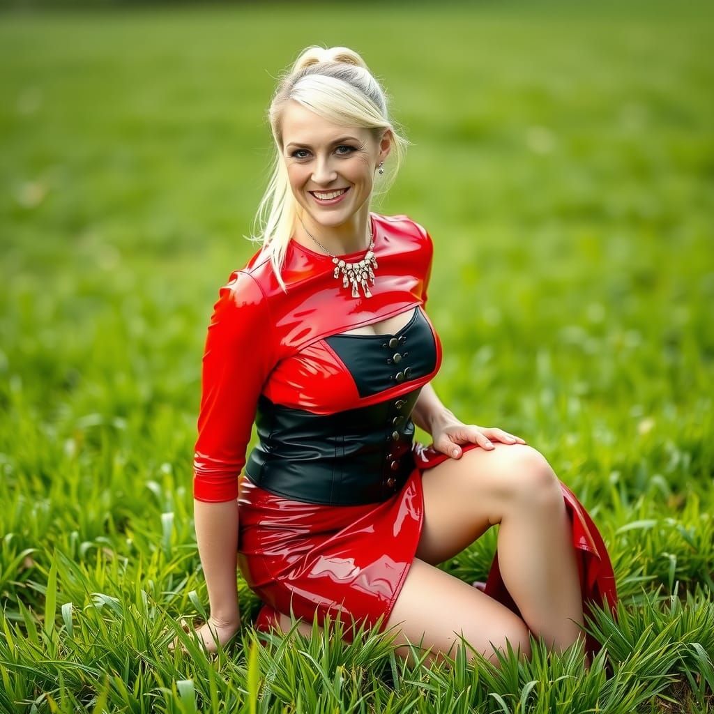 Blonde Woman in Red PVC Dress, Hyperrealistic Portrait