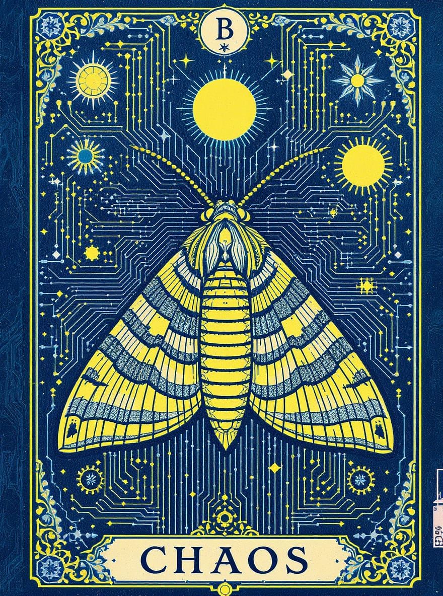 Mechanical Moth Illustration with Microprocessor Blueprint