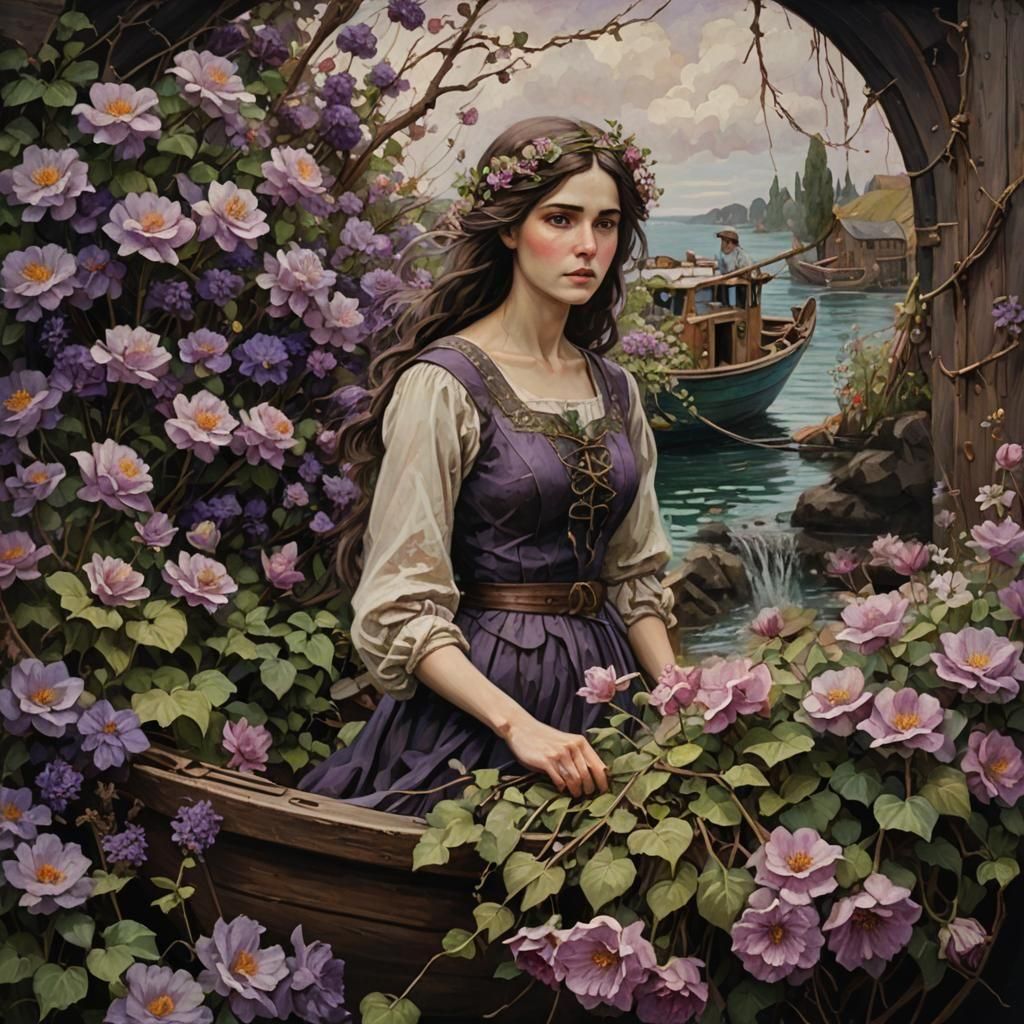Woman flower wall boat inspired by John William Waterhouse; ...